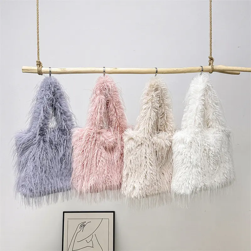 Women Fluffy Shoulder Bag Soft Versatile Shopping Bag Large Capacity Faux Fur Solid Color Girls Winter Tote Handbags