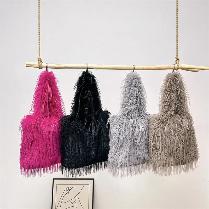 Women Fluffy Shoulder Bag Soft Versatile Shopping Bag Large Capacity Faux Fur Solid Color Girls Winter Tote Handbags