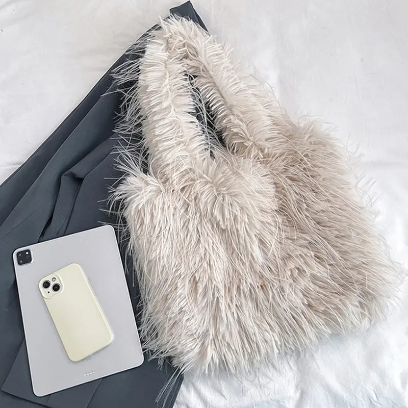 Women Fluffy Shoulder Bag Soft Versatile Shopping Bag Large Capacity Faux Fur Solid Color Girls Winter Tote Handbags