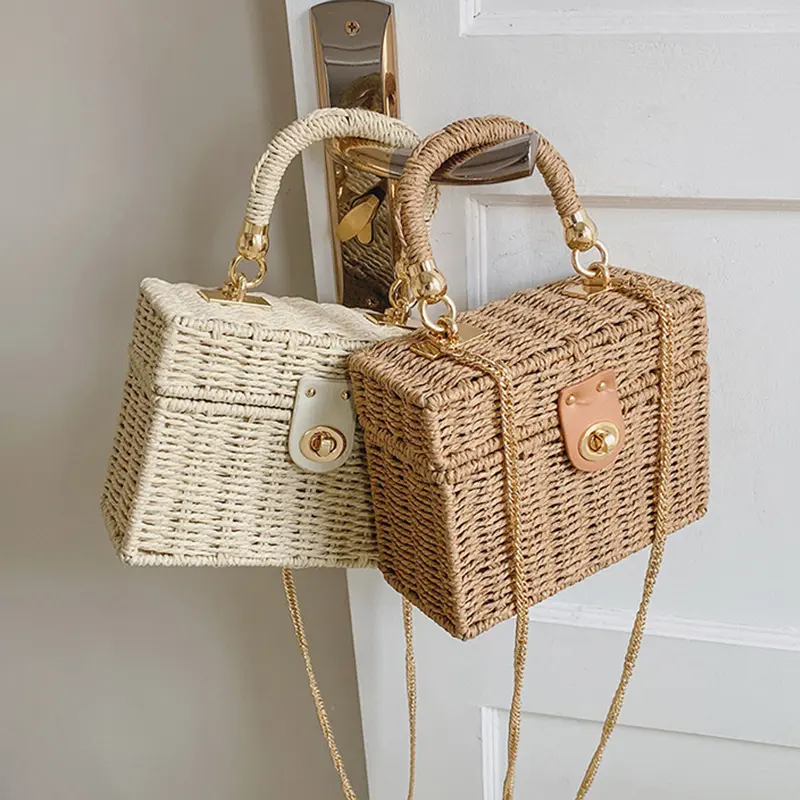 Women's Fashion Chain Box Crossbody Bag Rattan Straw Woven Shoulder Bag Female Summer Beach Bag Portable Small Handbag Purse