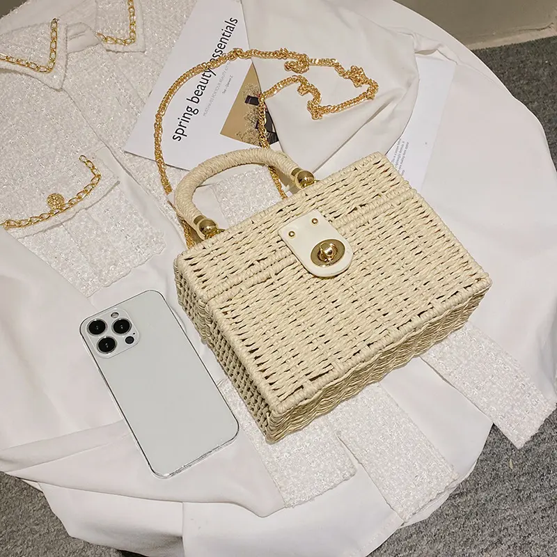 Women's Fashion Chain Box Crossbody Bag Rattan Straw Woven Shoulder Bag Female Summer Beach Bag Portable Small Handbag Purse