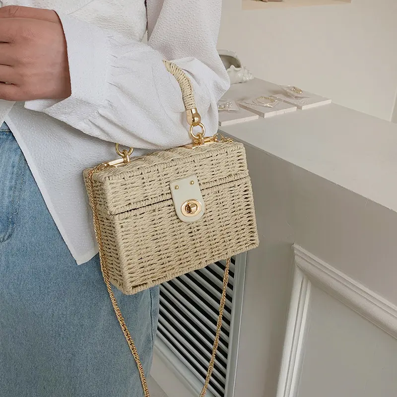Women's Fashion Chain Box Crossbody Bag Rattan Straw Woven Shoulder Bag Female Summer Beach Bag Portable Small Handbag Purse