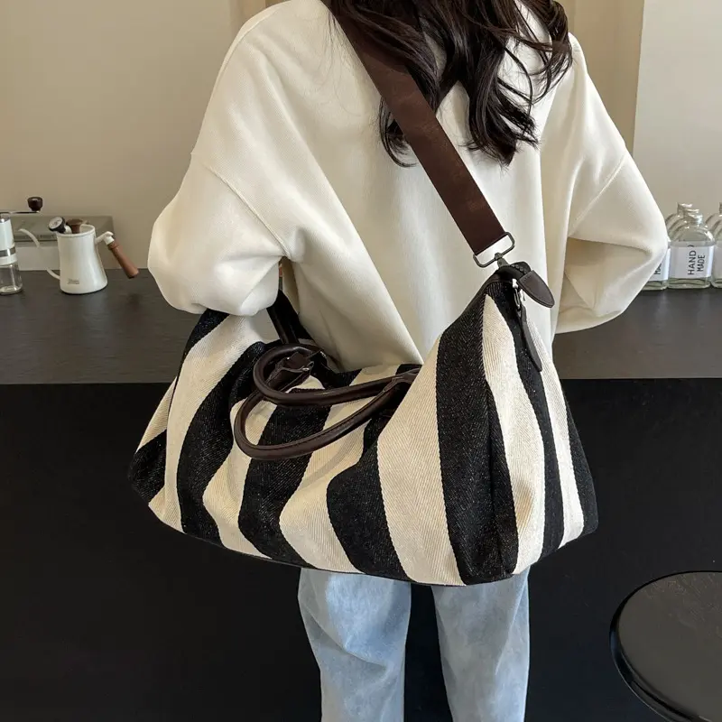Large Capacity Black White Stripe Bag Canvas Handbag Tote Simple Straps Crossbody Shoulder Bag For Women Daily Use