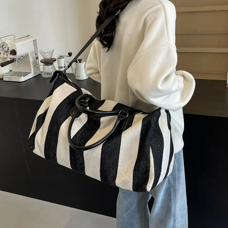 Large Capacity Black White Stripe Bag Canvas Handbag Tote Simple Straps Crossbody Shoulder Bag For Women Daily Use