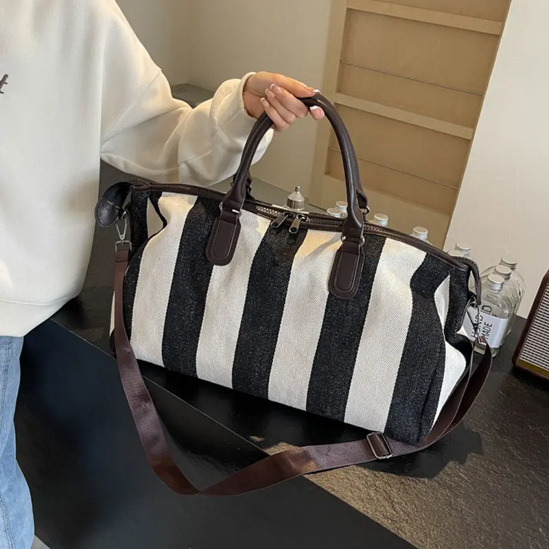 Large Capacity Black White Stripe Bag Canvas Handbag Tote Simple Straps Crossbody Shoulder Bag For Women Daily Use