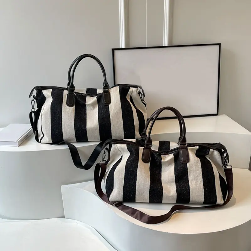 Large Capacity Black White Stripe Bag Canvas Handbag Tote Simple Straps Crossbody Shoulder Bag For Women Daily Use