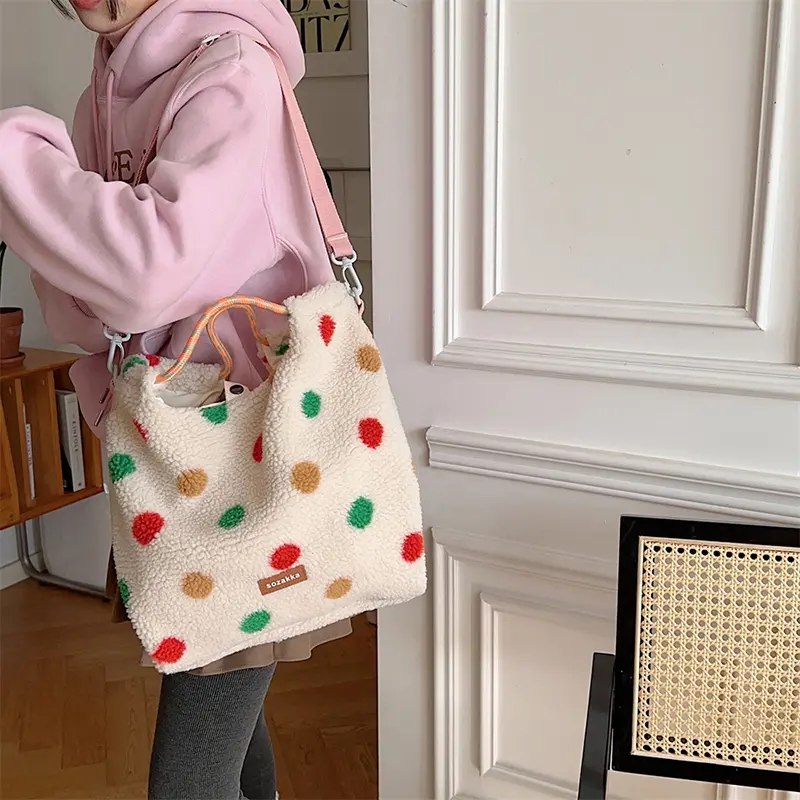 Patchwork Color Dots All Match Cute Women's Handbags Casual Shopping Hand Bags Vintage Fluffy Trendy Crossbody Tote Bags