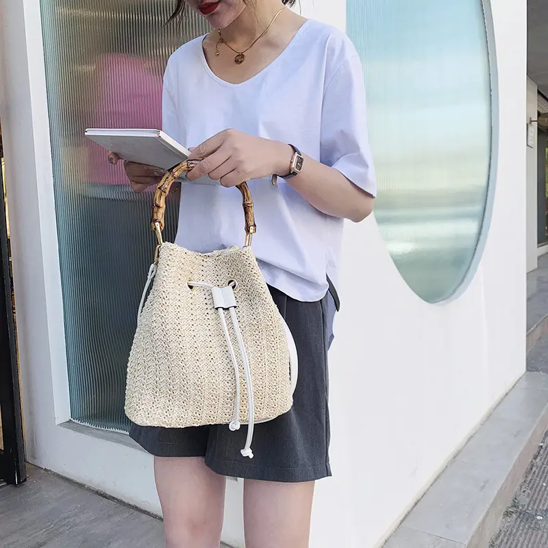 New Women's Bohemian Crossbody Bag Drawstring Straw Woven Bucket Bags Female Rattan Wicker bamboo Handle Beach Handbags