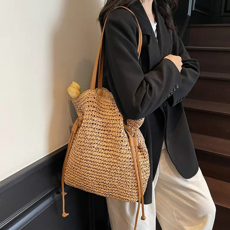 Summer Straw Handbags Women Summer New Versatile Drawstring Weave Bucket Tote Bag Female Beach Shoulder Bags