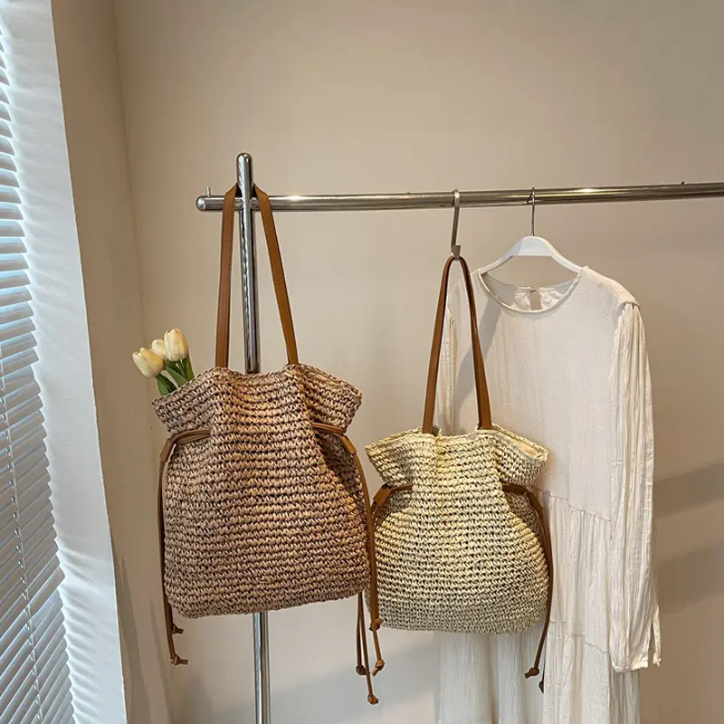 Summer Straw Handbags Women Summer New Versatile Drawstring Weave Bucket Tote Bag Female Beach Shoulder Bags
