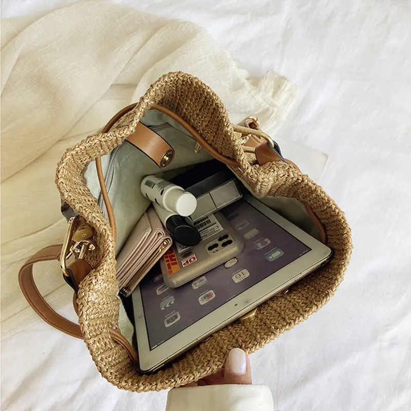 New Women's Bohemian Crossbody Bag Drawstring Straw Woven Bucket Bags Female Rattan Wicker bamboo Handle Beach Handbags