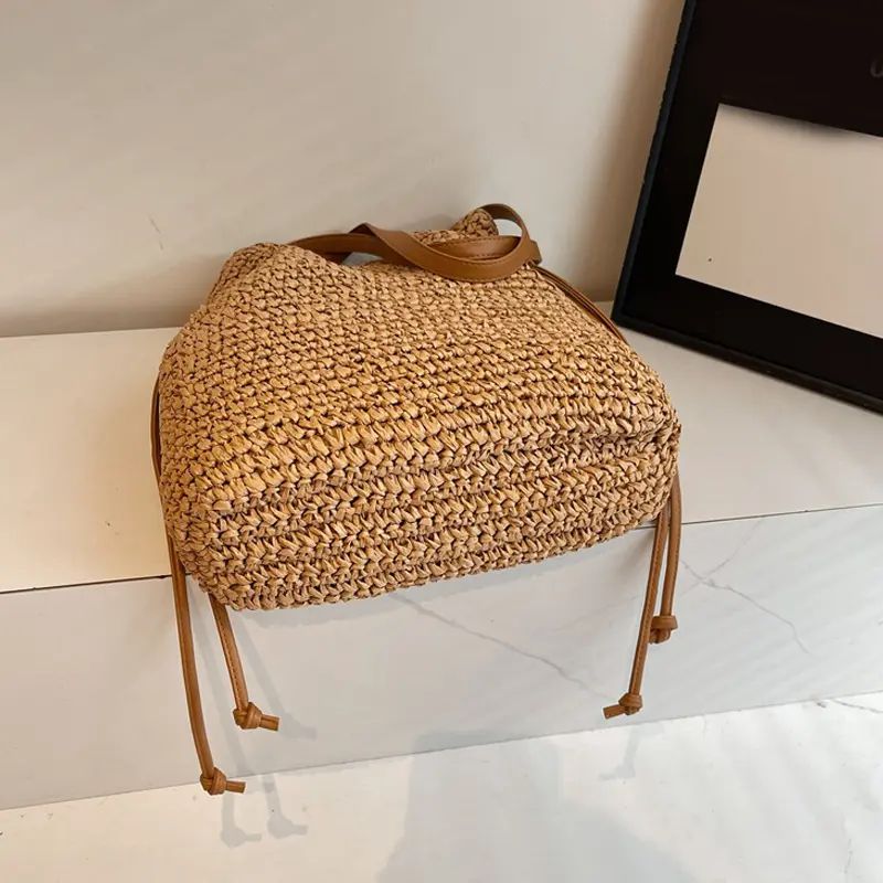 Summer Straw Handbags Women Summer New Versatile Drawstring Weave Bucket Tote Bag Female Beach Shoulder Bags