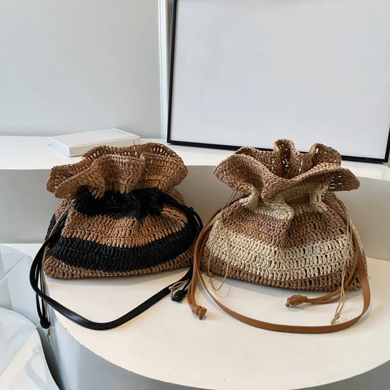 PU Leather Strap Woven Shoulder Bag Hollow Out Shopping Totes Large Capacity Striped Design Female Clutch Women Handbag