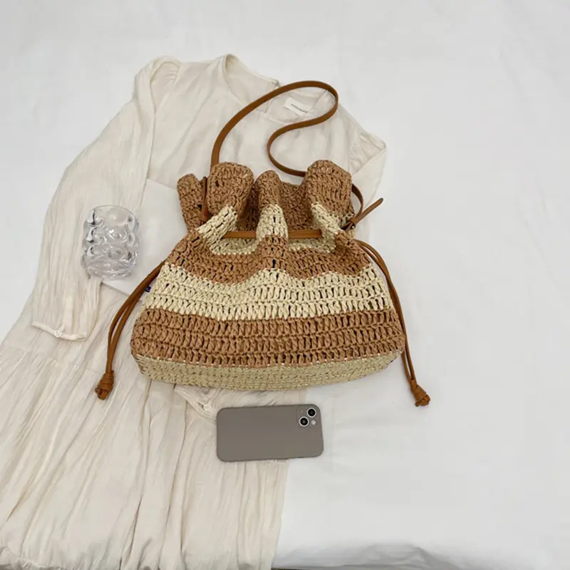 PU Leather Strap Woven Shoulder Bag Hollow Out Shopping Totes Large Capacity Striped Design Female Clutch Women Handbag