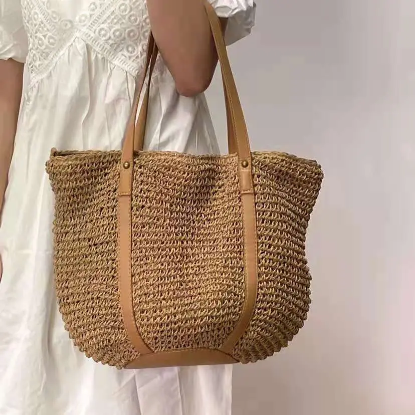 Casual Holiday Women's Bucket Shoulder Bag Luxury Straw Woven Portable Large Capacity Handbag Summer Beach Bag Shopping Tote