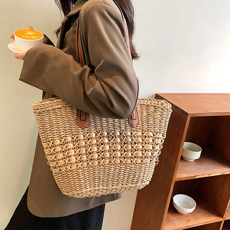 Summer Handwoven Straw Beach Tote Bags for Women Vintage Hollow Out Handbag Basket Rattan Vacation Shoulder Bag