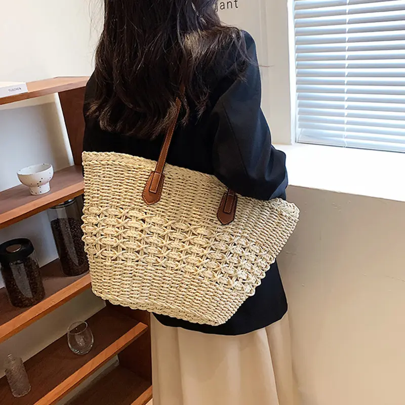 Summer Handwoven Straw Beach Tote Bags for Women Vintage Hollow Out Handbag Basket Rattan Vacation Shoulder Bag