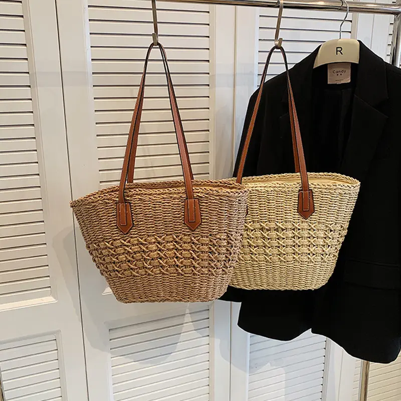 Summer Handwoven Straw Beach Tote Bags for Women Vintage Hollow Out Handbag Basket Rattan Vacation Shoulder Bag