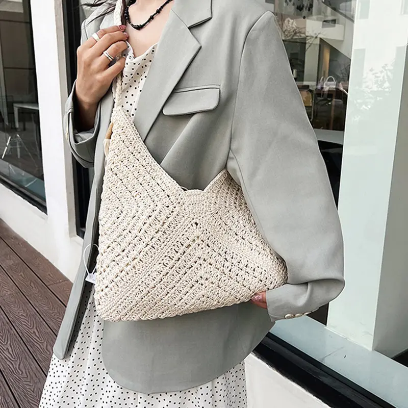 Summer Mesh Hollow Bag For Women Large Capacity Knitted Bag Holiday Beach Bag Cotton Woven Shoulder Bag Shopping Tote