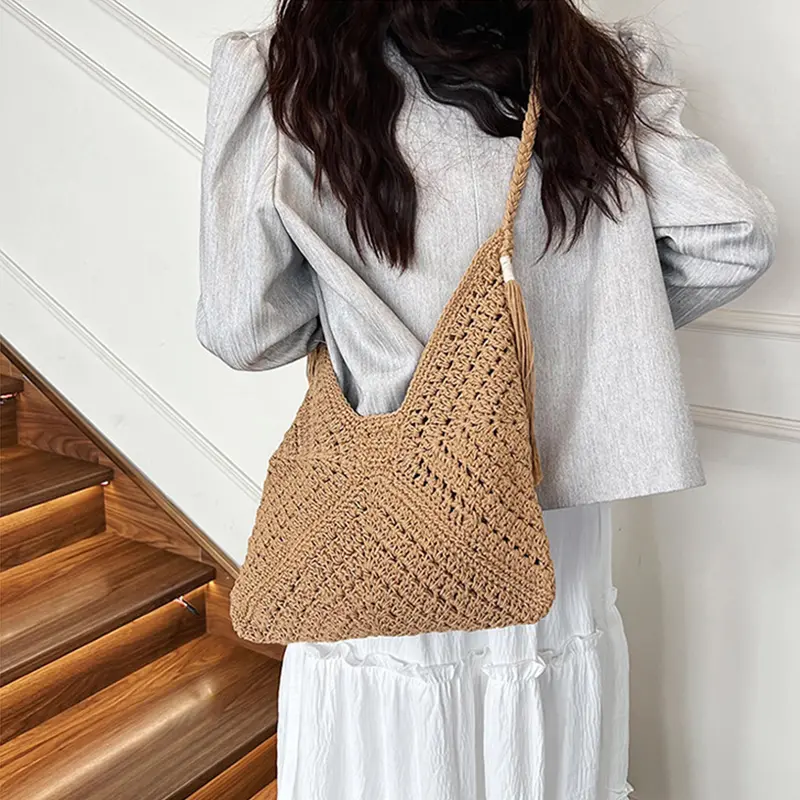 Summer Mesh Hollow Bag For Women Large Capacity Knitted Bag Holiday Beach Bag Cotton Woven Shoulder Bag Shopping Tote