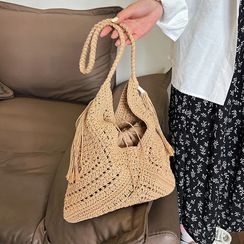 Summer Mesh Hollow Bag For Women Large Capacity Knitted Bag Holiday Beach Bag Cotton Woven Shoulder Bag Shopping Tote