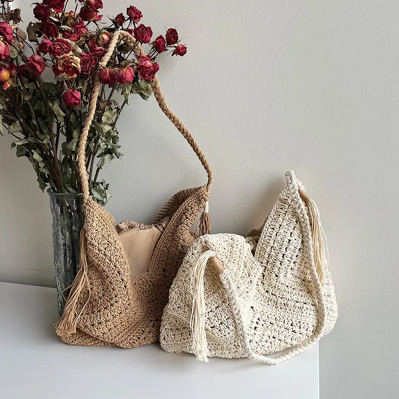 Summer Mesh Hollow Bag For Women Large Capacity Knitted Bag Holiday Beach Bag Cotton Woven Shoulder Bag Shopping Tote