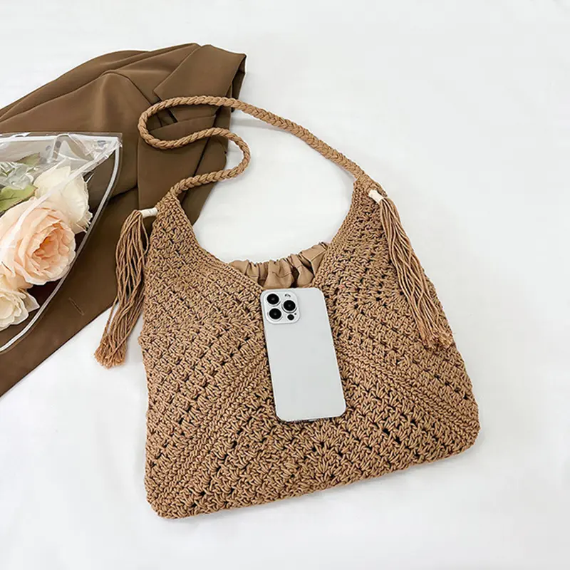Summer Mesh Hollow Bag For Women Large Capacity Knitted Bag Holiday Beach Bag Cotton Woven Shoulder Bag Shopping Tote