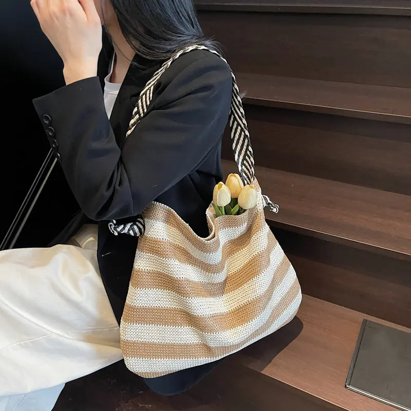 Straw Hobo Bag for Women Striped Color Summer Beach Tote Bag Large Capacity Handbag Multi-Pocket Shopping Travel Bag