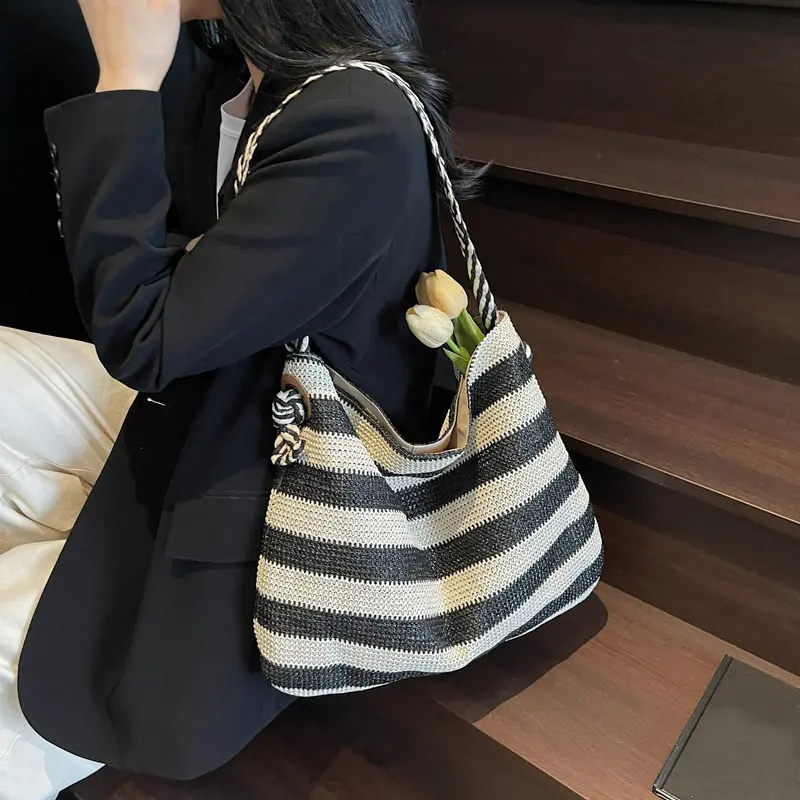 Straw Hobo Bag for Women Striped Color Summer Beach Tote Bag Large Capacity Handbag Multi-Pocket Shopping Travel Bag