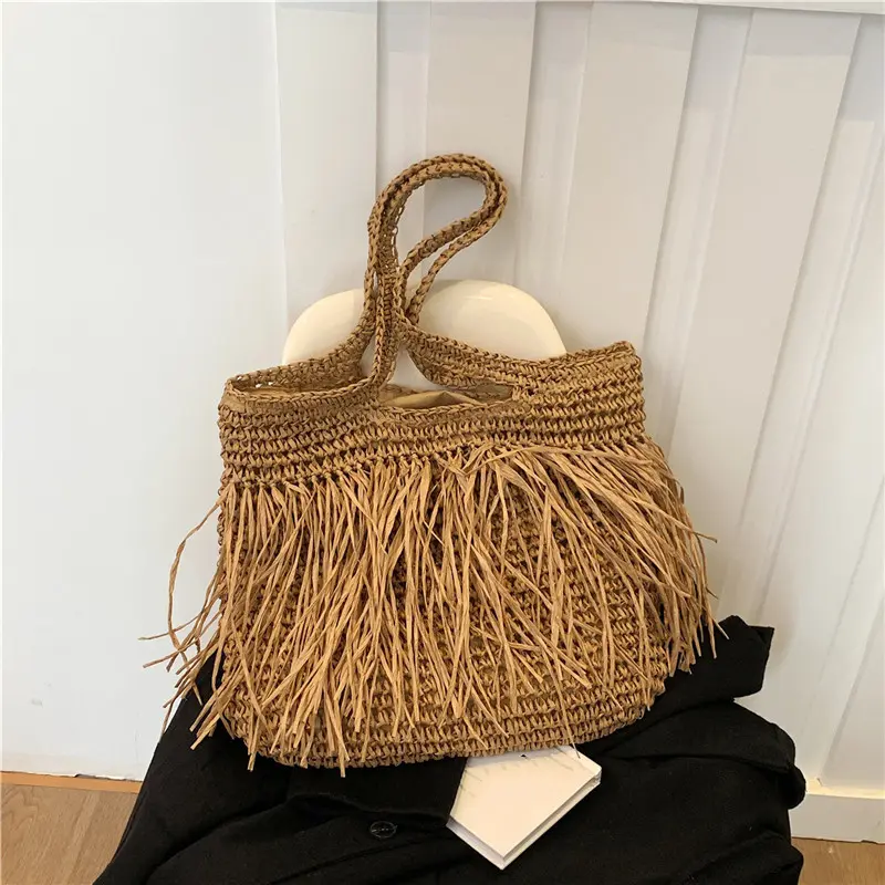Bohemian Tassel Hollow Tote Bag Designer Straw Woven Women Handbags Summer Beach Straw Bags Casual Bali Shoulder Bag