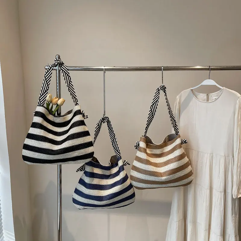 Straw Hobo Bag for Women Striped Color Summer Beach Tote Bag Large Capacity Handbag Multi-Pocket Shopping Travel Bag
