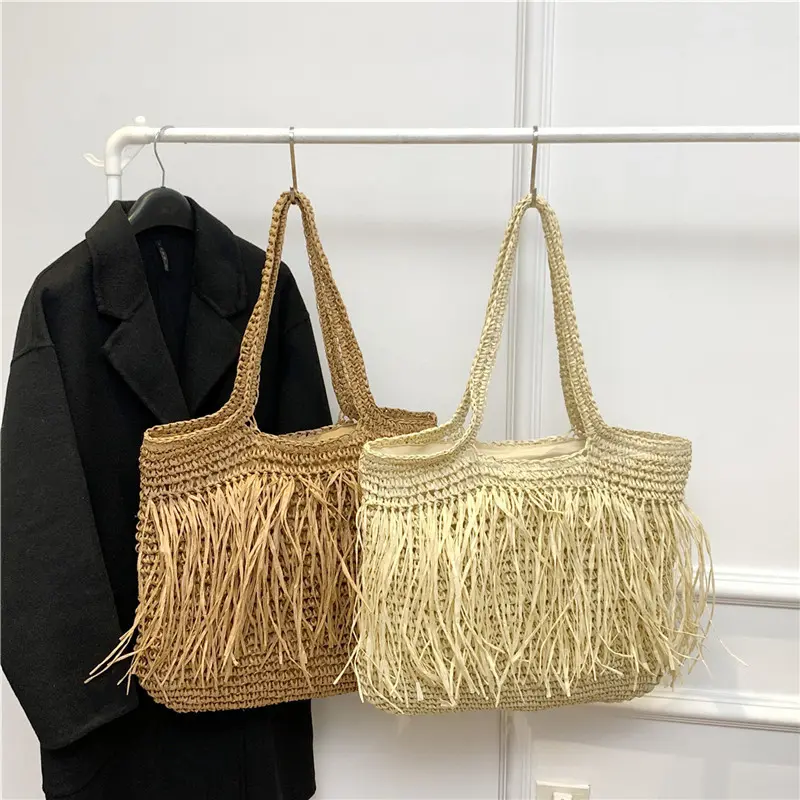 Bohemian Tassel Hollow Tote Bag Designer Straw Woven Women Handbags Summer Beach Straw Bags Casual Bali Shoulder Bag