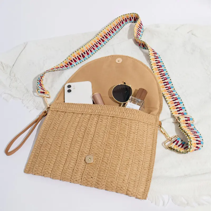 Handmade Straw Beach Shoulder Crossbody Bag Girls Envelope Woven Summer Small Clutch Bag Women's Wicker Wrist Bag