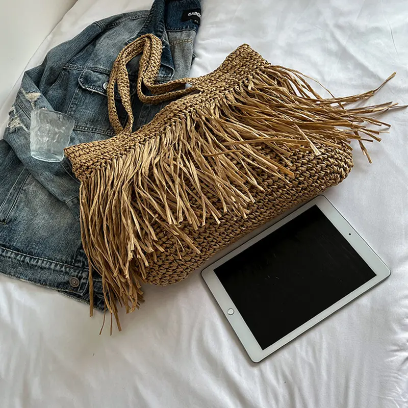 Tassel Shoulder Bags for Women Straw Woven Tote Bag Summer Beach Bags Weaving Handbag for Travel Vacation Women's Bag