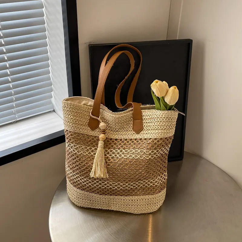 Women Crochet Beach Handbag with Pendant Straw Weaving Travel Handbag Large Capacity Fashion Tote Handbag