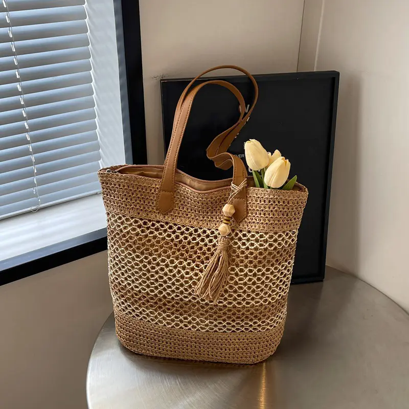 Women Crochet Beach Handbag with Pendant Straw Weaving Travel Handbag Large Capacity Fashion Tote Handbag