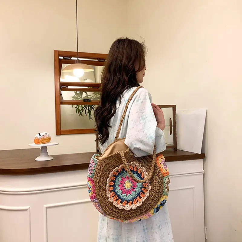 Stylish Women Summer Beach Round Straw Woven Tote Bag for Vacation Large Capacity Ethnic Design Underarm Bags