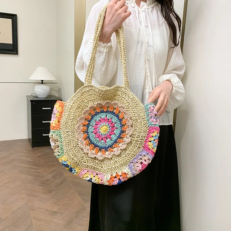 Stylish Women Summer Beach Round Straw Woven Tote Bag for Vacation Large Capacity Ethnic Design Underarm Bags