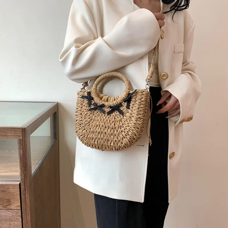 Straw Woven Bag Handmade Rattan Woven Retro Straw Rope Knitted Women Crossbody Handbag With Bow Summer Beach