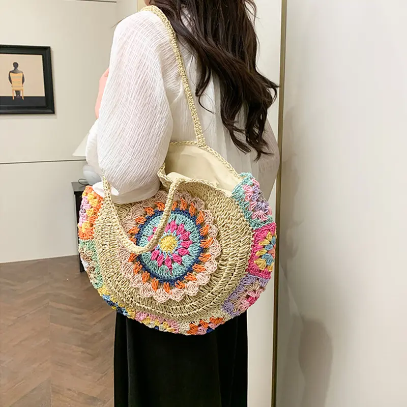 Stylish Women Summer Beach Round Straw Woven Tote Bag for Vacation Large Capacity Ethnic Design Underarm Bags