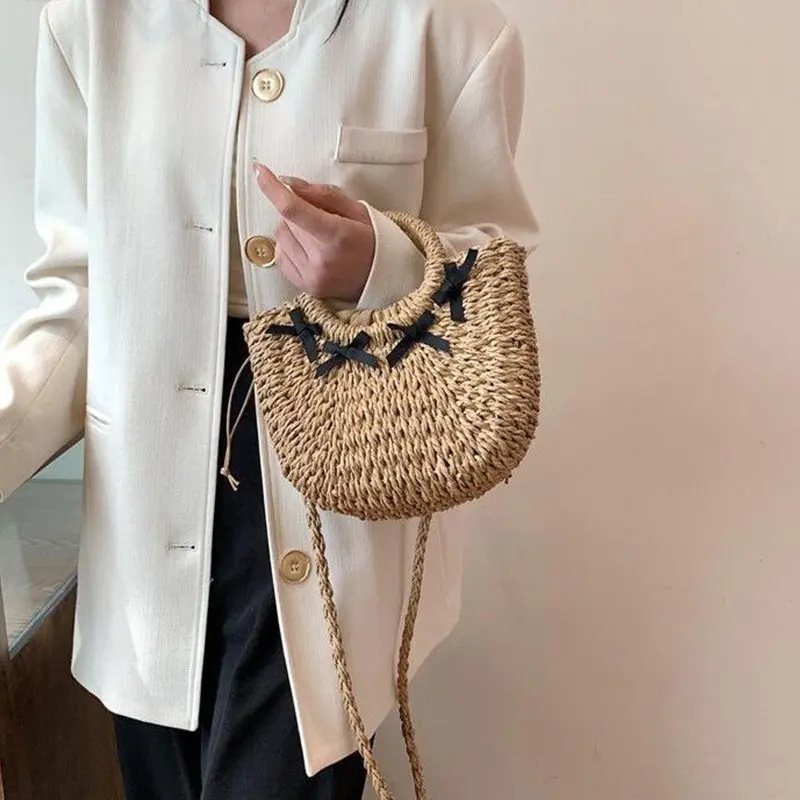 Straw Woven Bag Handmade Rattan Woven Retro Straw Rope Knitted Women Crossbody Handbag With Bow Summer Beach
