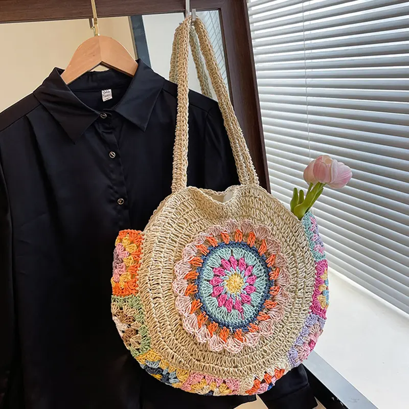 Stylish Women Summer Beach Round Straw Woven Tote Bag for Vacation Large Capacity Ethnic Design Underarm Bags