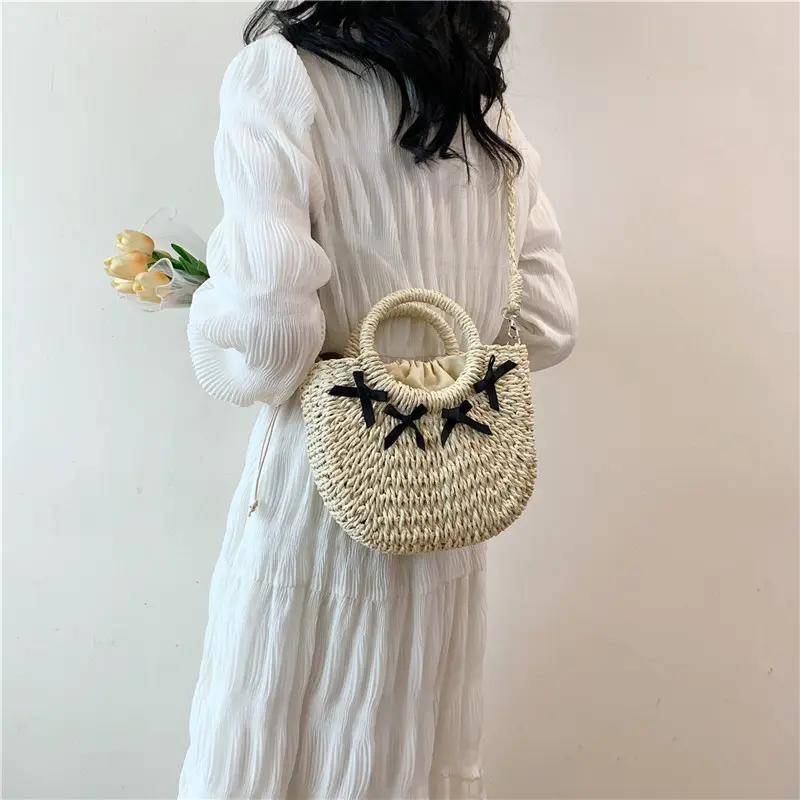 Straw Woven Bag Handmade Rattan Woven Retro Straw Rope Knitted Women Crossbody Handbag With Bow Summer Beach