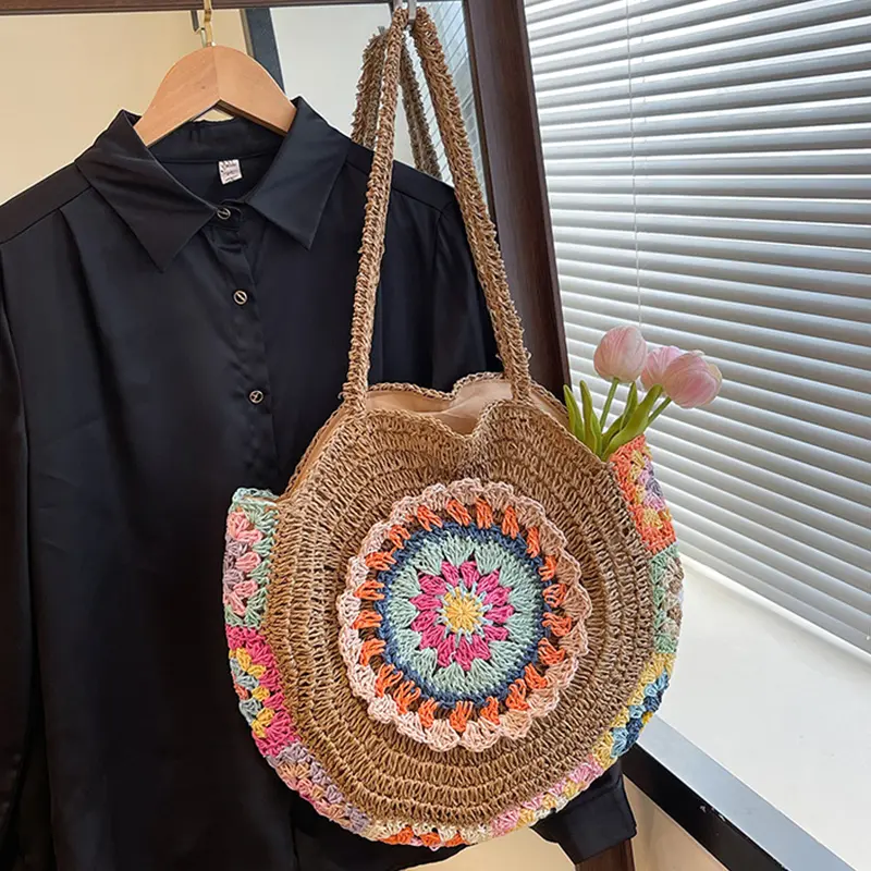 Stylish Women Summer Beach Round Straw Woven Tote Bag for Vacation Large Capacity Ethnic Design Underarm Bags