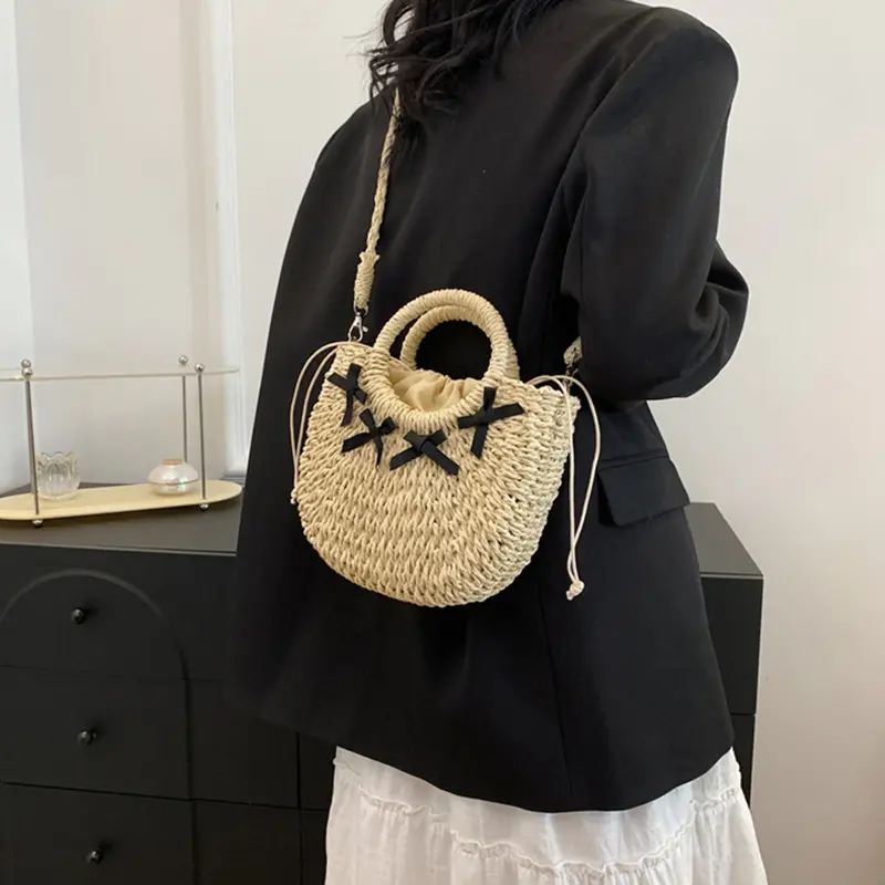 Straw Woven Bag Handmade Rattan Woven Retro Straw Rope Knitted Women Crossbody Handbag With Bow Summer Beach