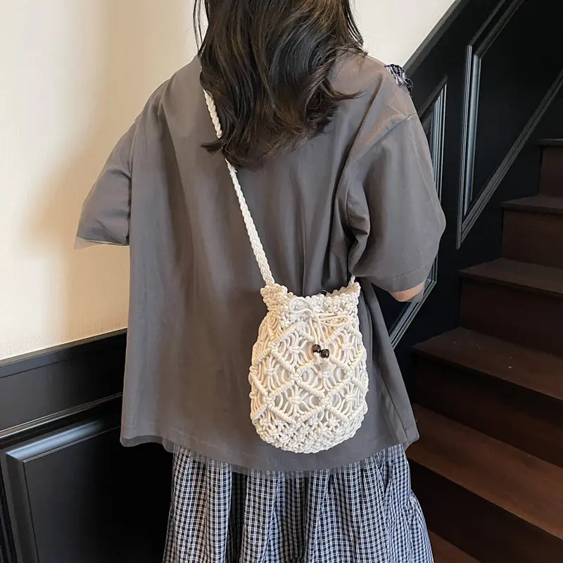 Female Small Shoulder Crossbody Bag Bohemian Casual Travel Knitted Bucket Handbag For Women Beach Drawstring Shopper Totes