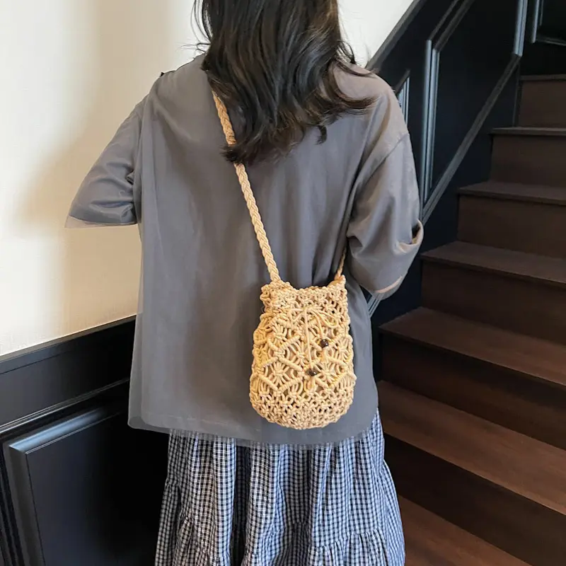 Female Small Shoulder Crossbody Bag Bohemian Casual Travel Knitted Bucket Handbag For Women Beach Drawstring Shopper Totes