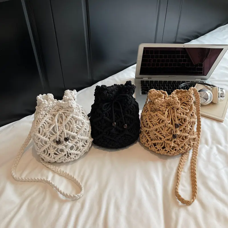 Female Small Shoulder Crossbody Bag Bohemian Casual Travel Knitted Bucket Handbag For Women Beach Drawstring Shopper Totes