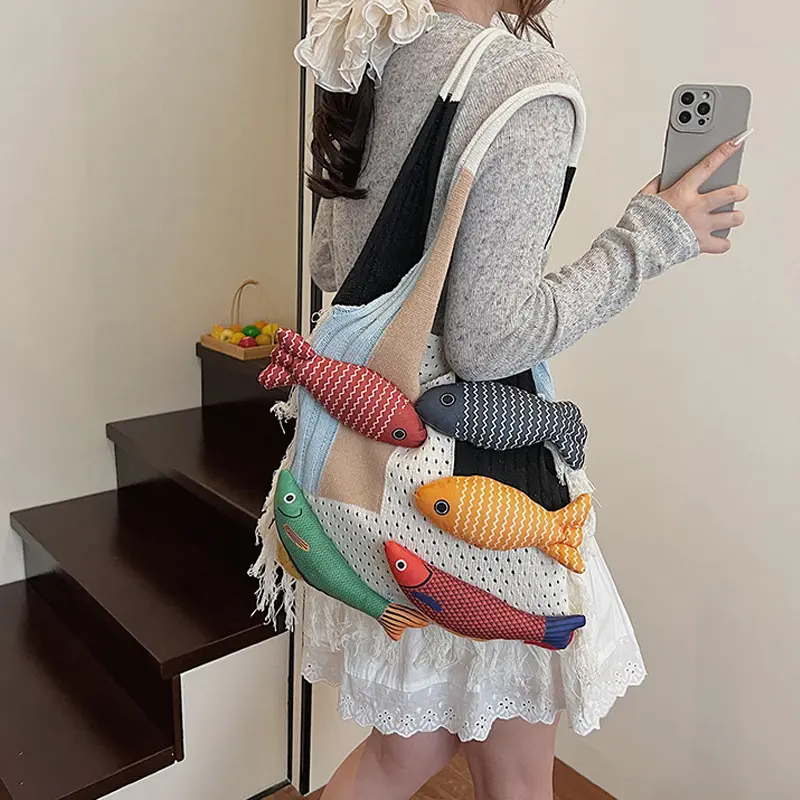 Trendy Patchwork Fish Pattern Oversized Knit Bag For Daily Use Laptop Books Shoulder Bag Women's Underarm Handbags