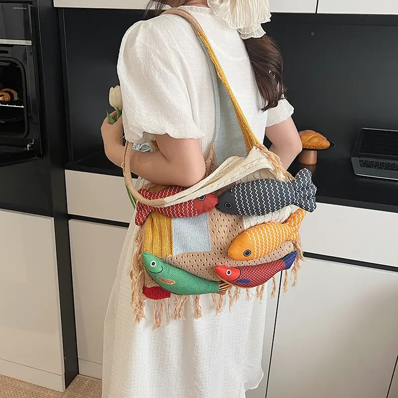 Trendy Patchwork Fish Pattern Oversized Knit Bag For Daily Use Laptop Books Shoulder Bag Women's Underarm Handbags